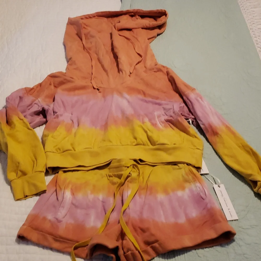Tie-Dye Hooded Sweatshirt & Athletic Shorts Set - Pink, Yellow, Orange